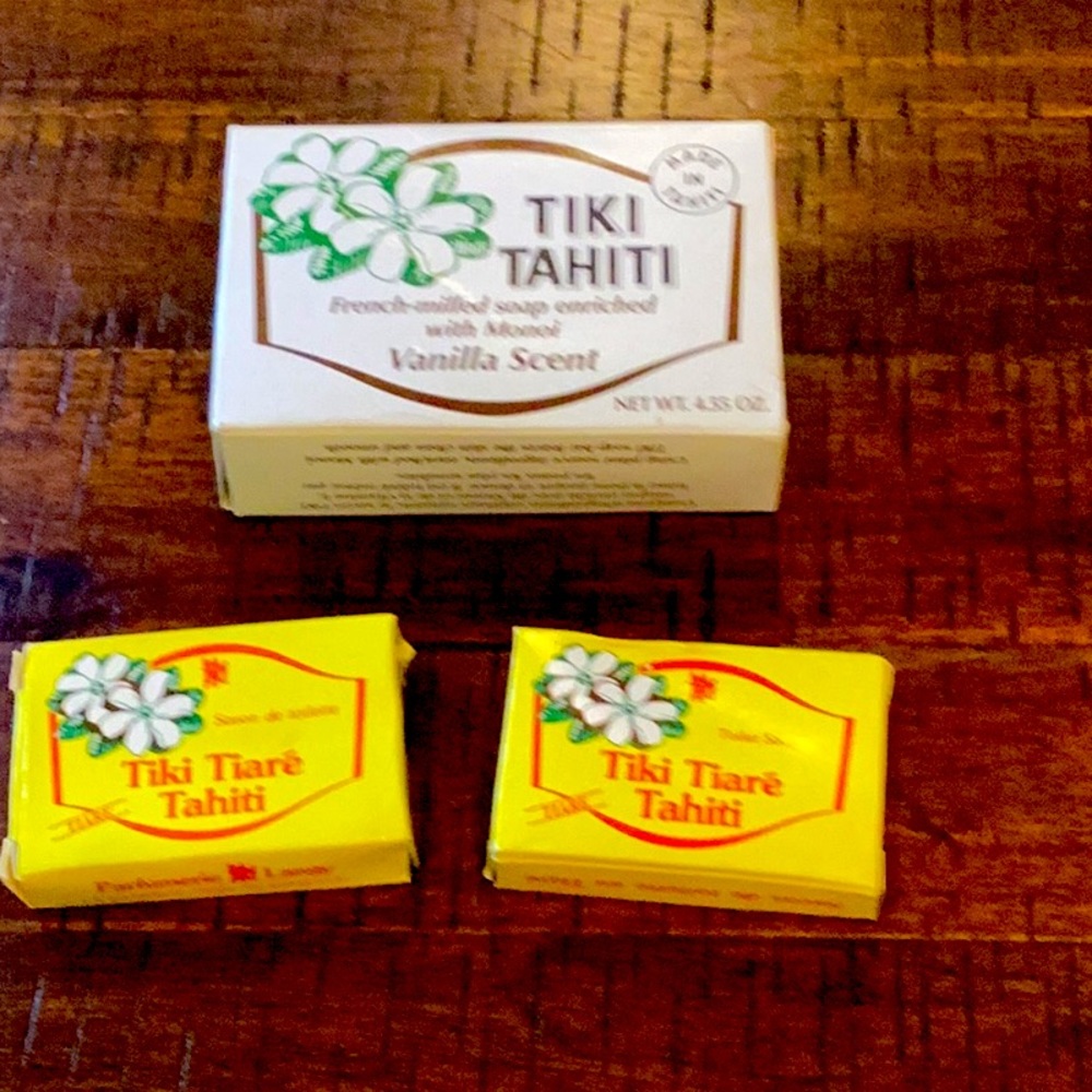 Tiki Tahiti full size Vanilla Soap Bar, 2 Mini Tiare flower scented soaps